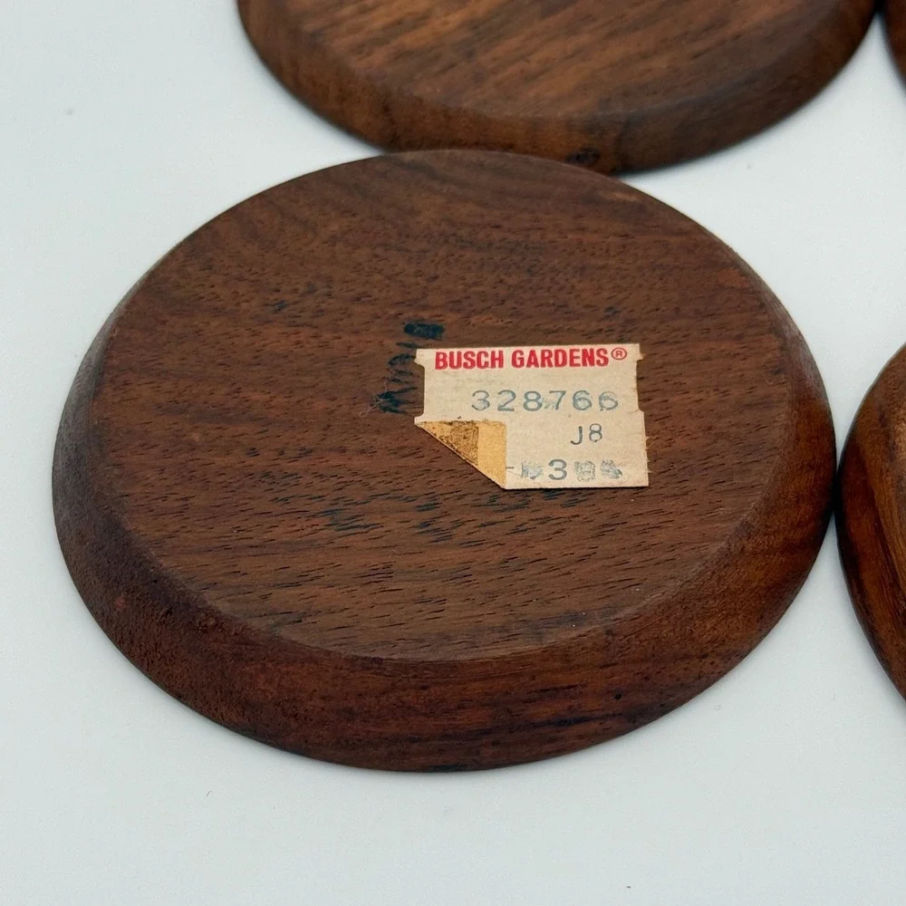 Vintage Busch Gardens Hand-Carved Bone Inlay Wood Coaster Set - 6 Floral